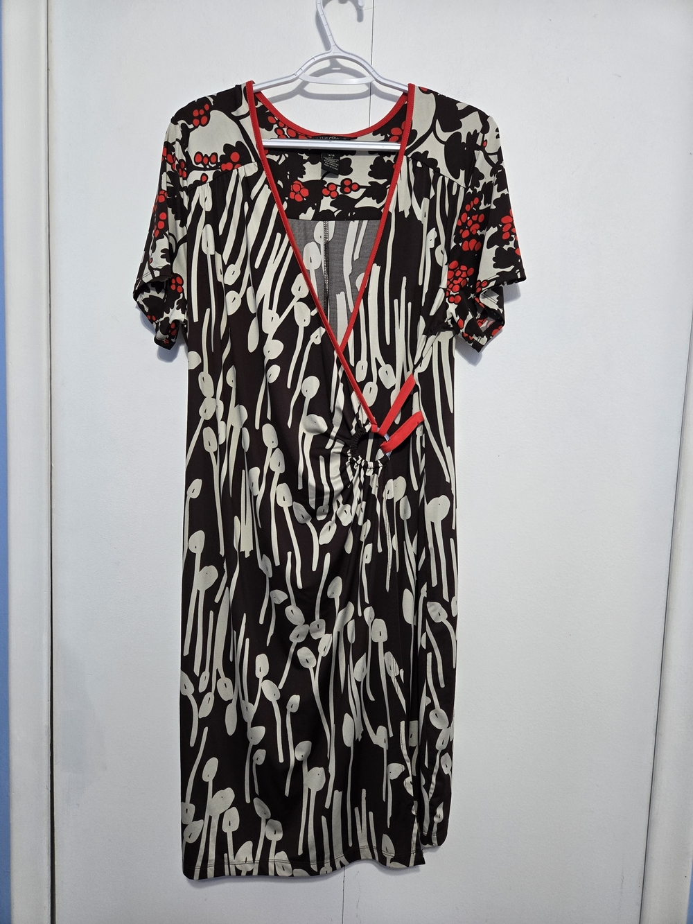 Lane Bryant 14/16 Black Red Abstract Faux Wrap Stretch Midi Dress Plus Size